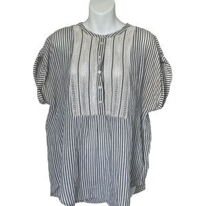 J Crew Crotchet Striped Tunic Henley Gray White Pullover Cap Sleeve Preppy SZ M